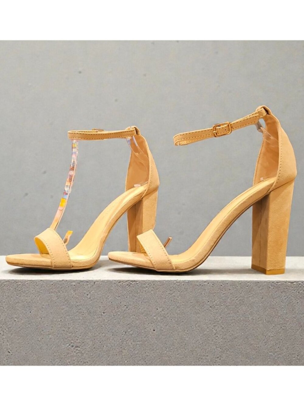 Natural Block Heel Sandals With Ankle Strap & Open Toe - Womens Formal Shoes